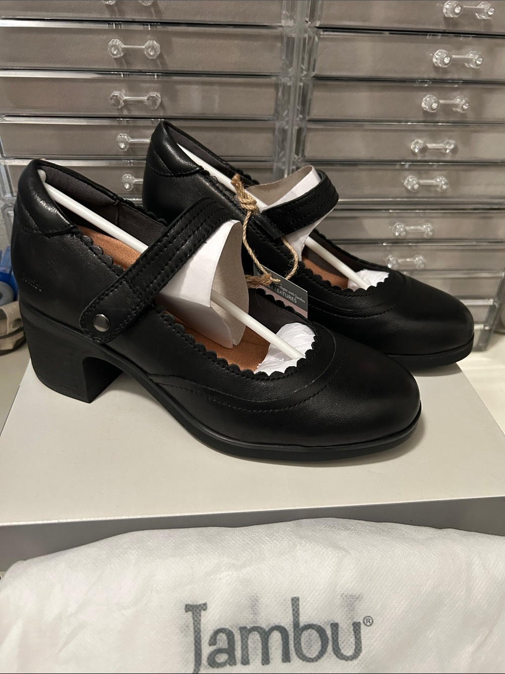 Jambu Black Leather Mary Jane Block Heels